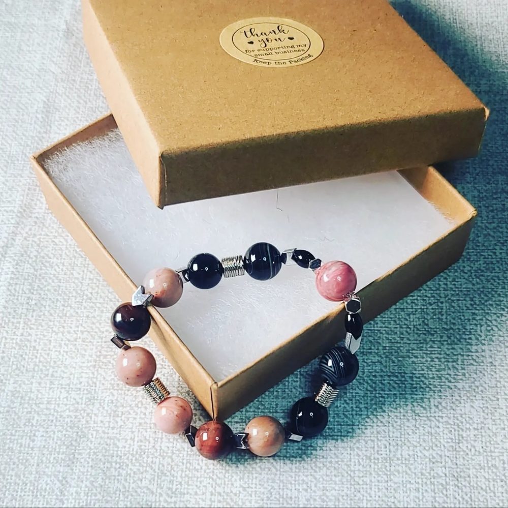Rhodonite, Black Agate bracelet 10 mm